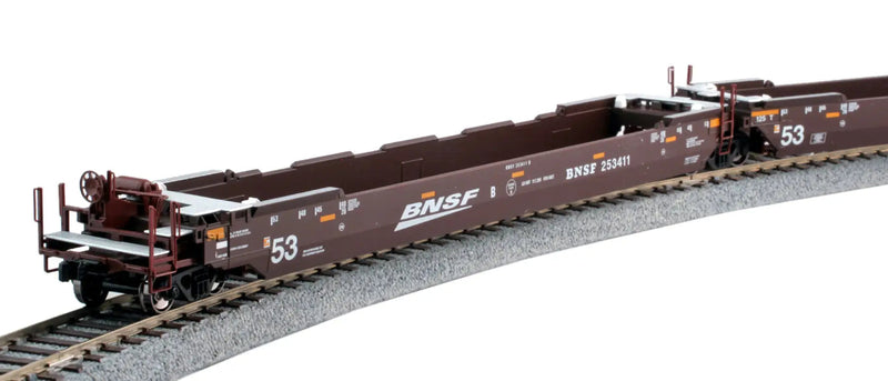 Kato 1066182 Gunderson MAXI-IV 3-Unit Well Car w/53' Containers - Ready to Run -- BNSF Railway 254353 (Boxcar Red, Wedge Logo, Crowley Containers), N Scale