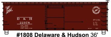Accurail ACU1808 36' Double-Sheathed Wood Boxcar Steel Roof, Wood Ends, Straight Underframe -- Delaware & Hudson 22978 (Boxcar Red), HO Scale
