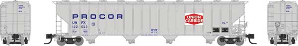 Rapido 560003A N Procor 5820 Covered Hopper - Ready to Run -- Union Carbide UNPX (gray, blue, red, white)