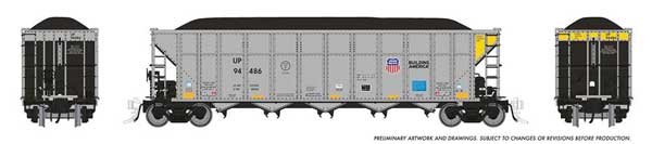 PREORDER Rapido 169063A HO AutoFlood III Rapid Discharge Coal Hopper w/Load - Ready to Run -- Union Pacific (silver, yellow, black, Building America Logo)