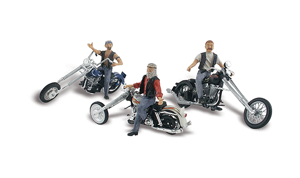 Woodland Scenics 5344 Bad Boy Bikers - Assembled - AutoScenes(R) -- 3 Figures & 3 Motorcycles, N Scale