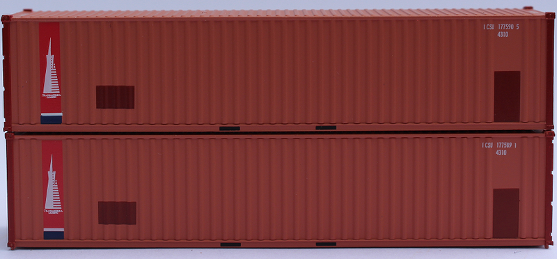 Jacksonville Terminal Company 405510 TRANSAMERICA - 40' Std. height (8'6") corrugated panel side containers, Multiple patches), JTC 405510, N Scale
