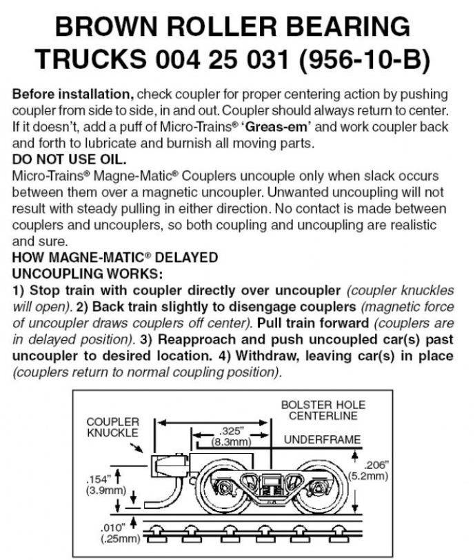 Micro Trains Line 425031 Roller-Bearing Trucks -- With Short Extended Couplers (Brown) 10 Pairs, Z Scale