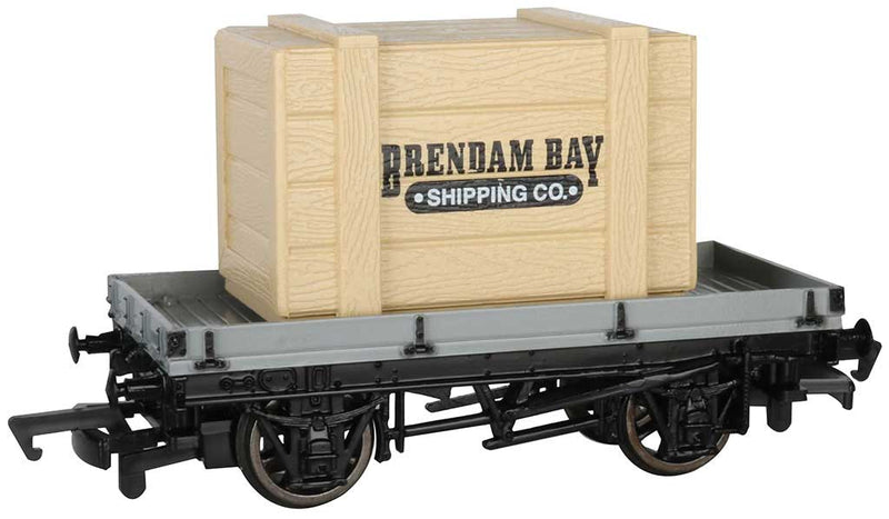 Bachmann 77403 Flatcar (Plank Wagon) - Ready to Run - Thomas and Friends(TM) -- With Brendam Bay Shipping Crate Load (red, black), HO Scale