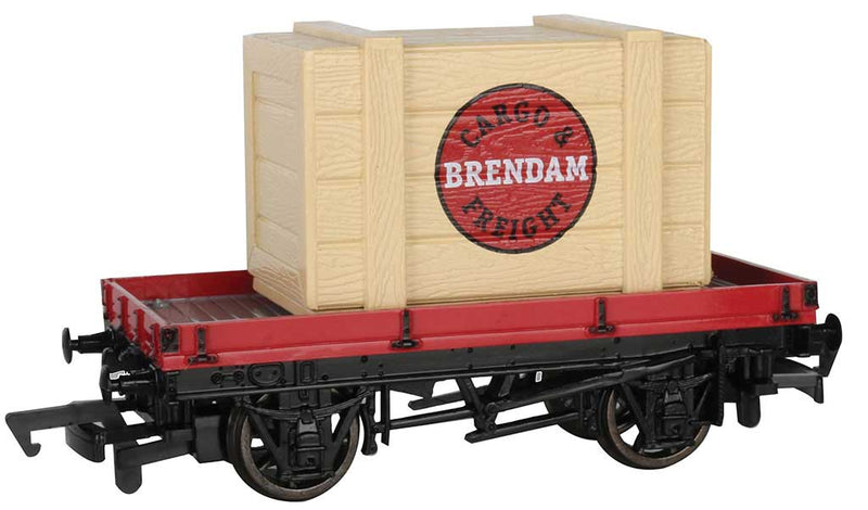 Bachmann 77402 Flatcar (Plank Wagon) - Ready to Run - Thomas and Friends(TM) -- With Brendam Cargo & Freight Crate Load (maroon, black), HO Scale