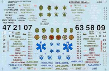 Microscale Industries 48-510 Decal Set - Trucks & Trailers -- Markings for Emergency Vehicle: Police, Fire, Ambulance 1970+, O Scale