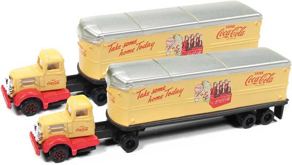 CMW 51188 White WC22 Tractor with 32 Aerovan Trailer - Assembled - Mini Metals(R) -- Coca-Cola (yellow, red, Work Refreshed Slogan)