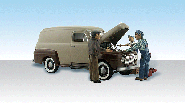 Woodland Scenics AS5548 Carburetor Chaos (50s Panel Truck W/Open Hood, Two Figures), HO Scale