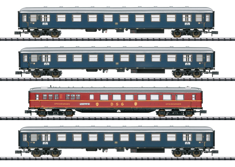 Trix TXX15132 Merkur Express 4-Car Set - Ready-to-Run - Minitrix - Exclusiv -- German Federal Railway (Era III 1950s; 3 Blue Cars, 1 Red Car), N Scale