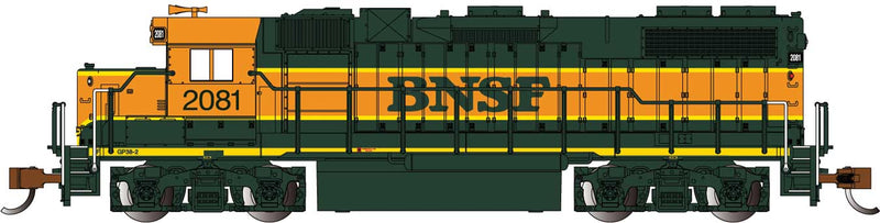 Bachmann 66851 EMD GP38-2 - Sound and DCC -- Burlington Northern Santa Fe 2081 (H1 green, orange, yellow), N Scale