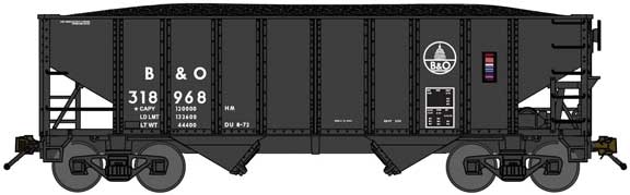 Bluford Shops 65208 8-Panel 2-Bay Open Hopper with Load - Ready to Run -- Baltimore & Ohio 318776 (Post-1974, black, small Capitol Dome Logo), N Scale