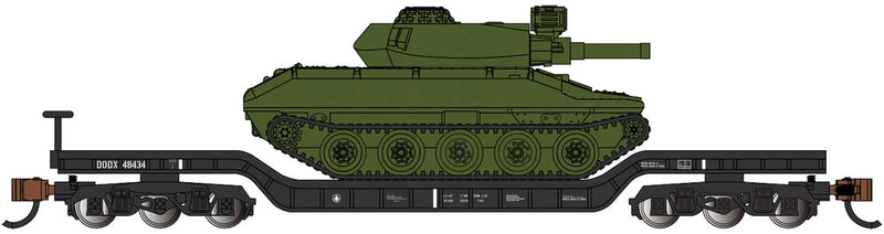 Bachmann 71386 52' Deressed-Center Flatcar with Sheridan Tank - Ready to Run -- US Army (black, green tank), N Scale