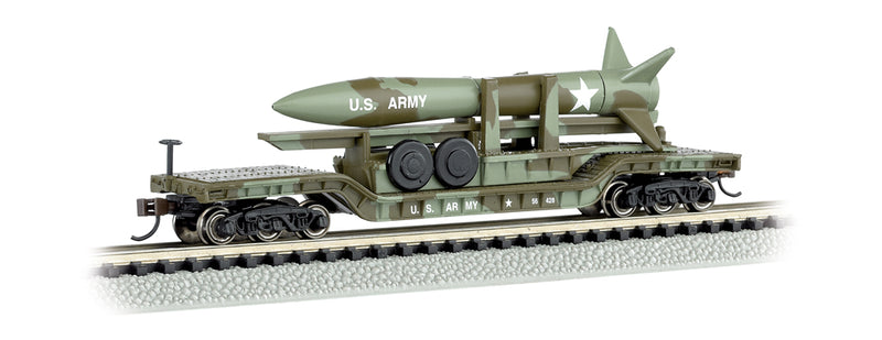 Bachmann 71396 52' Center-Depressed Flat Car - Olive Drab Military w/ Missile - N Scale