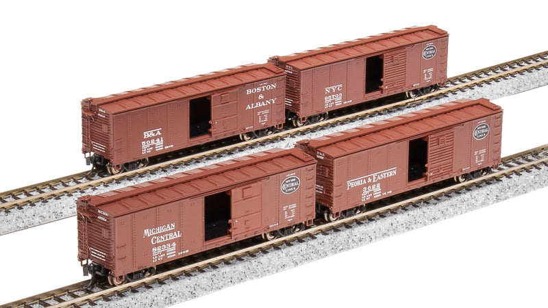 BLI 7270 NYC 40' Steel Boxcar, Variety Set A, 1930's 4-pack, (NYC, MC, P&E, B&A), N Scale