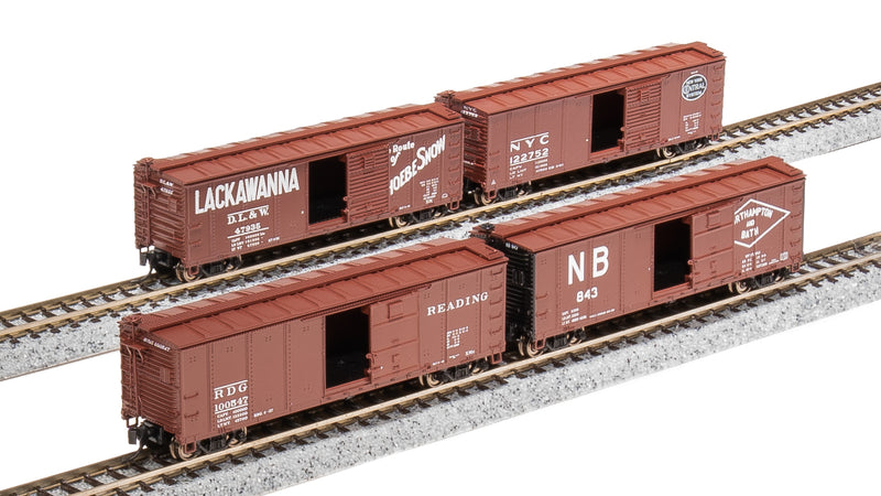 BLI 7273 NYC 40' Steel Boxcar, Variety Set D, 1950's 4-pack, (NYC, RDG, DLW, NB), N Scale