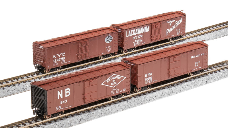 BLI 7273 NYC 40' Steel Boxcar, Variety Set D, 1950's 4-pack, (NYC, RDG, DLW, NB), N Scale