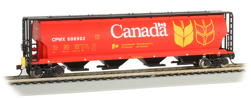 Bachmann 73801 Canadian Cylindrical 4-Bay Grain Hopper with FRED - Ready to Run -- Government of Canada CPWX 606835 (red, yellow, black), HO