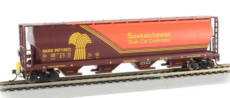 Bachmann 73802 Canadian Cylindrical 4-Bay Grain Hopper with FRED - Ready to Run -- Saskachewan Grain Car Corp. SKNX 397135 (orange, brown, yellow), HO