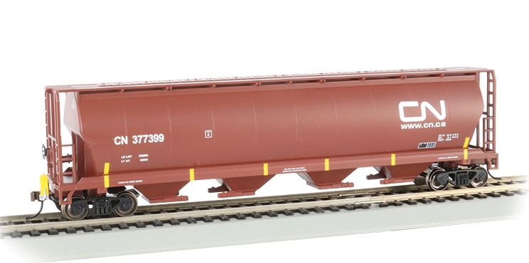 Bachmann 73803 Canadian Cylindrical 4-Bay Grain Hopper with FRED - Ready to Run -- Canadian National 388399 (Boxcar Red, yellow Conspicuity Marks), HO