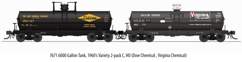 BLI 7671 6000 Gallon Tank, 1960's Variety 2-pack C, HO (Dow Chemical, Virginia Chemical)