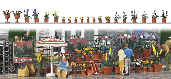 Busch Gmbh & Co Kg 1209 Flower Pots w/Flowers -- Assorted Sizes & Colors pkg(20), HO Scale