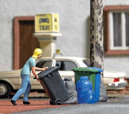 Busch Gmbh & Co Kg 7874 Woman Taking Out Trash Bin - Action Set -- Figure, 3 Bins, 4 Garbage Bags, HO Scale