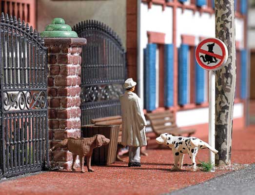 Busch Gmbh & Co Kg 7895 Peeing Dogs - Action Set -- 2 Each: Dogs, Park Benches, Garbage Cans, No Dogs Signs, HO Scale