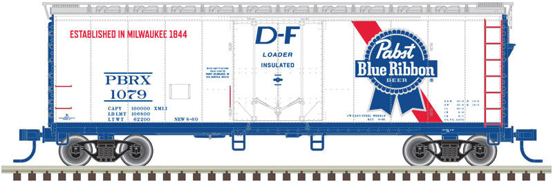 Atlas 2002361 40' Plug-Door Boxcar - 2-Rail - Ready to Run -- Pabst Blue Ribbon (white, blue, red)
