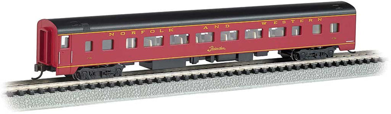 Bachmann 14257 85' Smooth-Side Coach with Interior Lighting - Ready to Run -- Norfolk & Western 1728 (maroon, black), N Scale