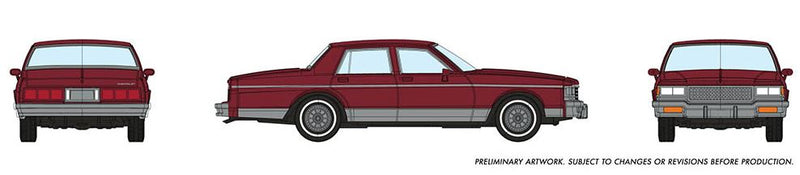 Rapido HO Chevrolet Caprice Sedan: Dark Red, Detail Variations: Caprice nameplate, Sedan body, Chrome trim and wheel covers