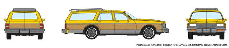 Rapido HO Chevrolet Caprice Wagon: Yellow Woodie, Detail Variations: Caprice nameplate, Station wagon body, Chrome trim and wire spoke rims