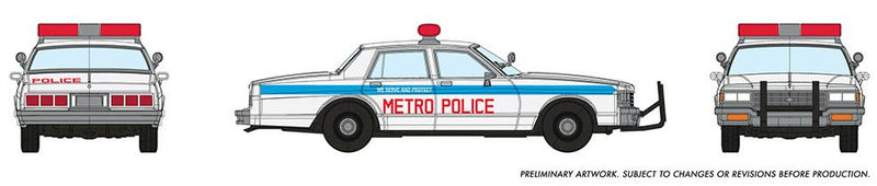 Rapido HO Chevrolet Impala Sedan: Metro Police (White), Detail Variations: Impala nameplate, Sedan body, "Dog dish" hub caps, Federal Aerodynic light bar