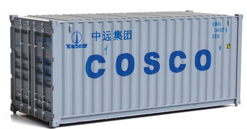 Walthers SceneMaster 949-8071 20' Corrugated Container - Assembled -- Cosco (grey, blue), HO