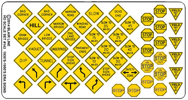 Blair Line 143 Highway Signs -- Vintage Warning/Stop 1930s-1950s (black, yellow), HO Scale