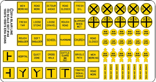 Blair Line 144 Highway Signs -- Vintage Caution 1930s-1950s (black, yellow), HO Scale