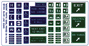 Blair Line 146 Highway Signs -- Freeway & "Symbol" 1971-Present (blue, green & white), HO Scale