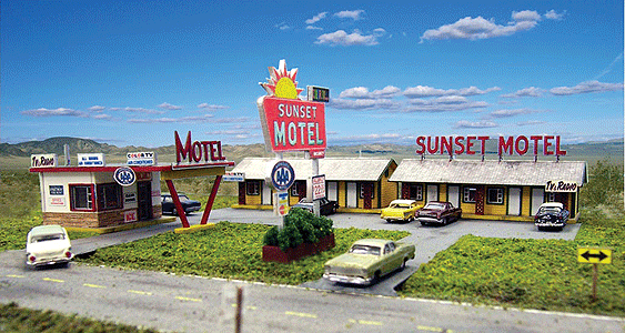 Blair Line 2001 Sunset Motel -- Kit - Office: 5 x 3-5/16" 12.7 x 8.4cm; Units: 6-1/2 x 2-3/4" 16.5 x 6.9cm, HO Scale