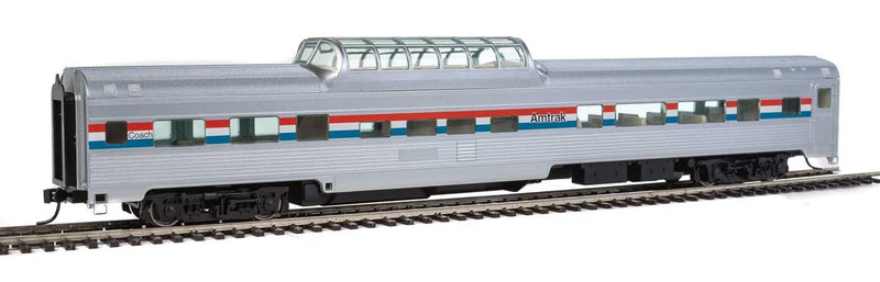 WalthersMainline 910-30401 85' Budd Dome Coach - Ready to Run -- Amtrak (Phase III; silver; Equal Red, White, Blue Stripes), HO Scale