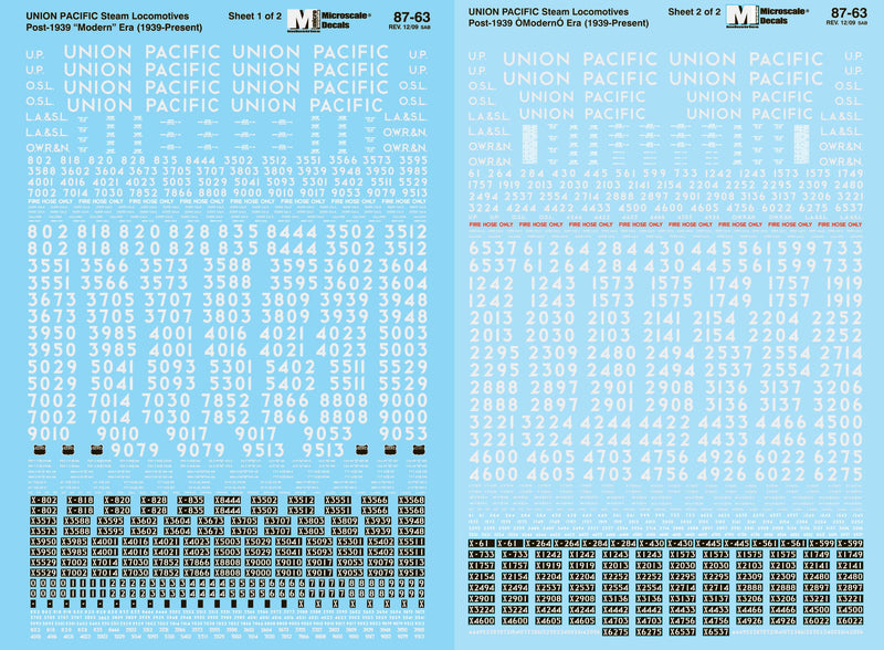 Microscale Industries 87-63 Union Pacific - UP -- Steam Locomotives w/Silver Lettering 1930+ pkg(2), HO Scale