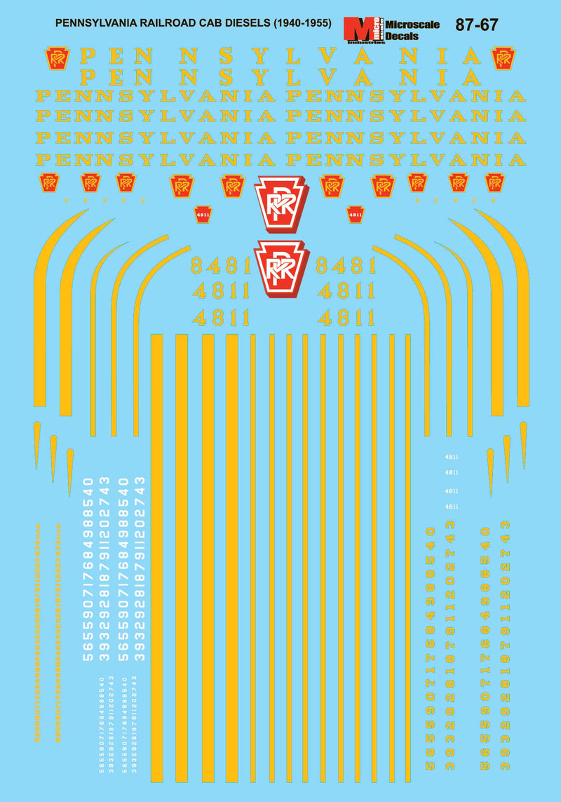 Microscale Industries 87-67 Pennsylvania Railroad - PRR -- Single-Stripe Scheme for Electrics & Cab Unit Diesels, 1955-1968, HO Scale