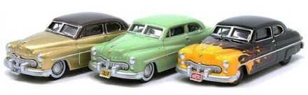 Oxford Diecast 553-87SET002 1949 Mercury 8 Coupe 3-Pack - Assembled -- 70th Anniversary Set (1 Each: green, beige and black with flames), HO