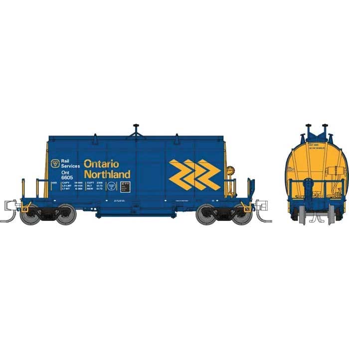 Rapido 543008A N Long Barrel Ore Hopper - Ready to Run -- Ontario Northland (blue, yellow, Chevron Logo)