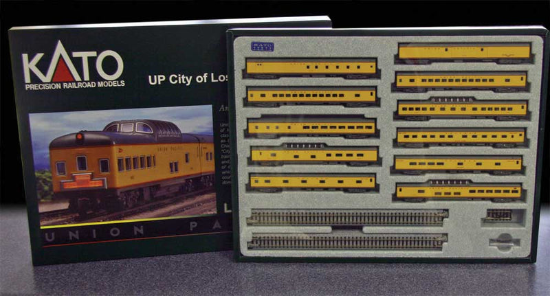 Kato USA 106088 City of Los Angeles 11-Car Set w/Display Unitrack - Ready to Run -- Union Pacific (2022 Release, Armour Yellow, gray, red), N Scale