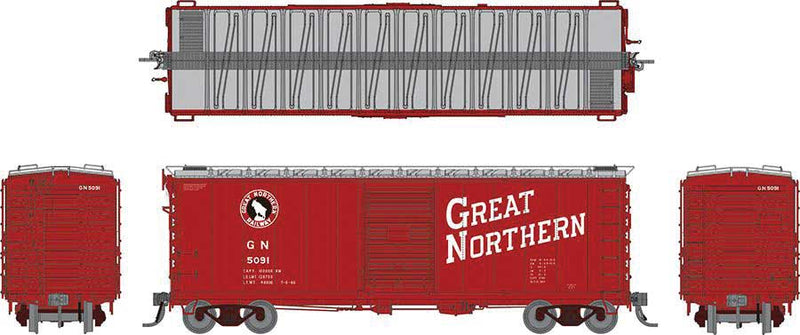 Rapido 155006A GN 40' 12-Panel Boxcar w/Late Improved Dreadnaught Ends - Ready to Run -- Great Northern (Chinese Red, silver, black, white, Large Lettering), HO