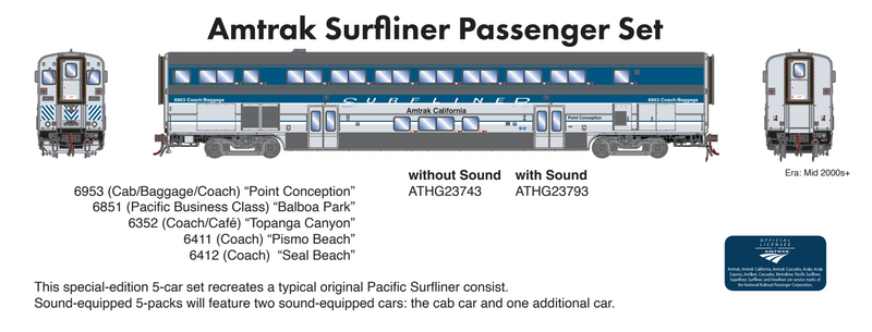 PREORDER Athearn Genesis ATHG23793 HO Surfliner Cars w/Lights & Sound, Amtrak (5)