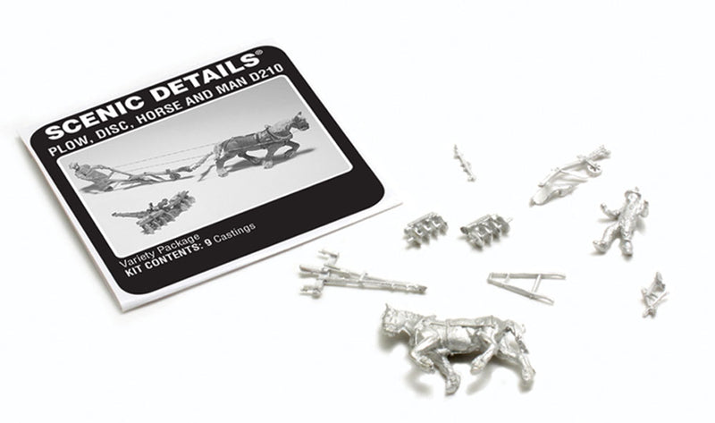 Woodland Scenics D210 Plow, Disc, Horse & Man (UNPAINTED METAL KIT) HO Scale Kit
