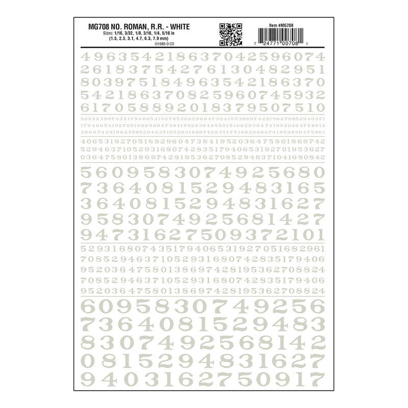 Woodland Scenics WOO708 Dry Transfer Numbers - Railroad Roman - 1/16, 3/32, 1/8, 3/16, 1/4 & 5/16" -- White, All Scales