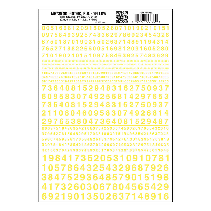 Woodland Scenics WOO730 Dry Transfer Numbers Only - Railroad Gothic -- Yellow, All Scales
