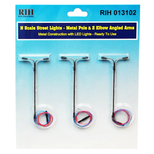 Rock Island Hobby RIH013102 N Scale Streetlights vertical pole and 2 elbow angled arms