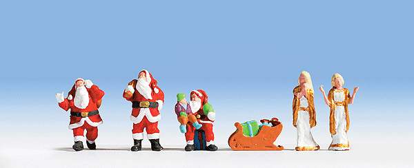 Noch Gmbh & Co 15920 Christmas Figures -- 3 Santas, Child on Knee, 2 Helpers & Sleigh, HO Scale